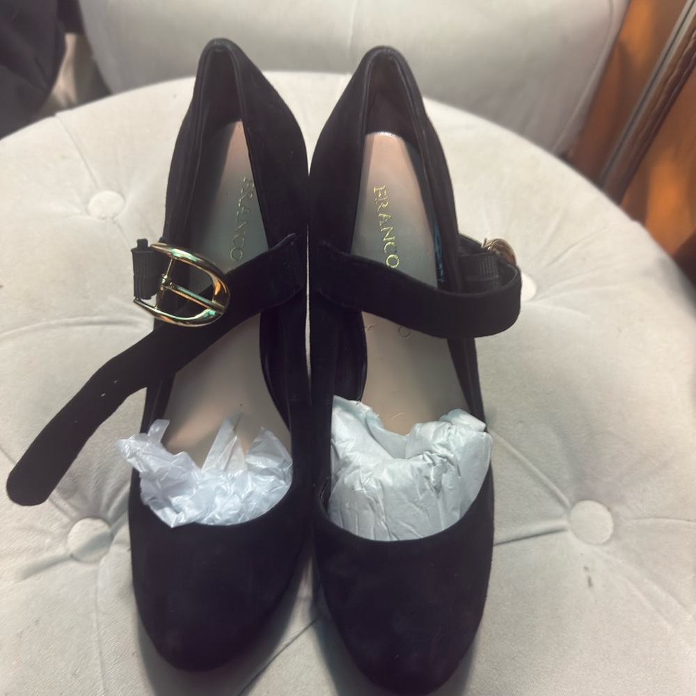 Franco Sarto Black Heels with Gold Buckle